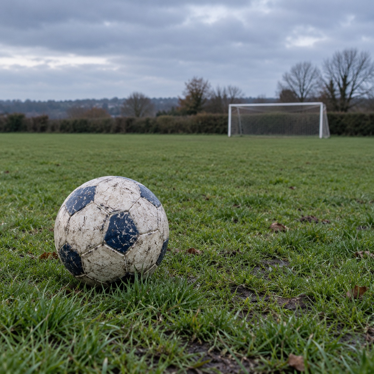 A football resting on a grass pitch beneath a cloudy sky